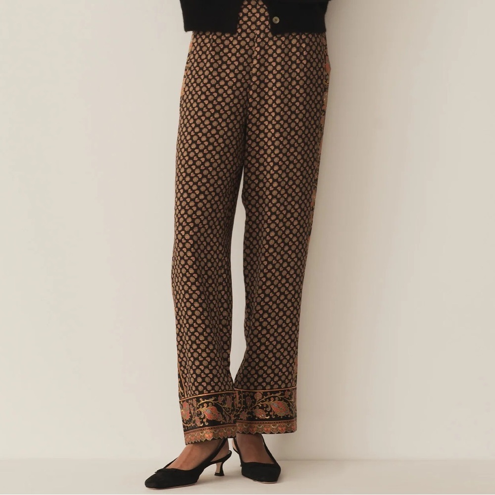Doen Carlotta Silk Straight Leg Baggy Pants Trousers Beauvoir Paisley Scarf